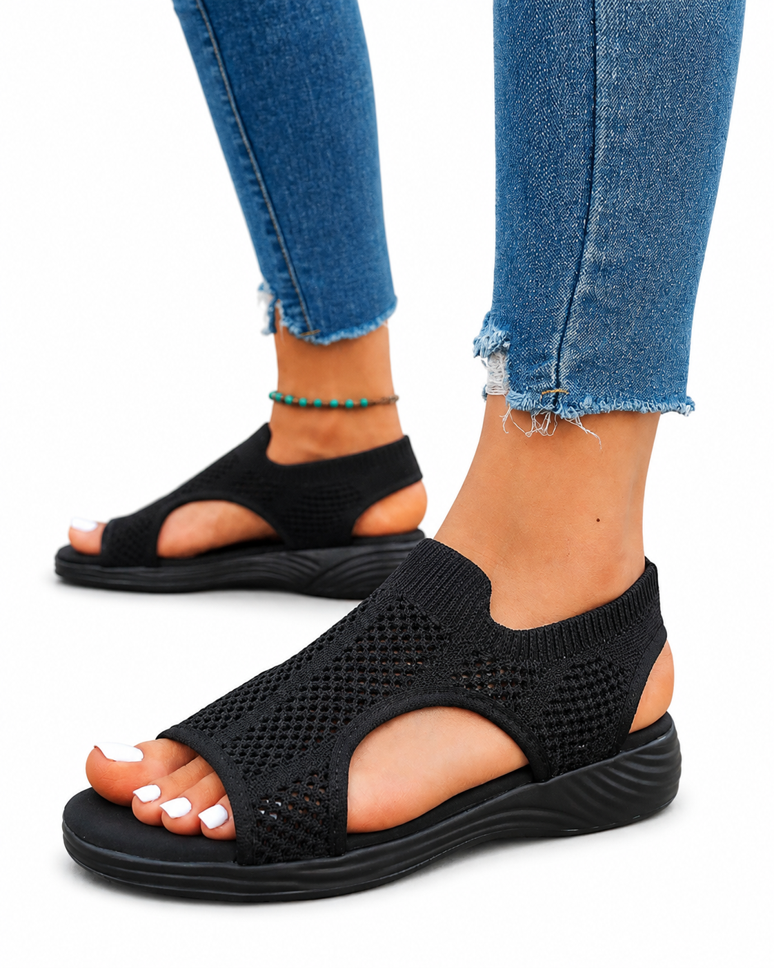 Women's Orthopdic Knit Peep Toe Slip On Wedge Sandals For Swollen Feet