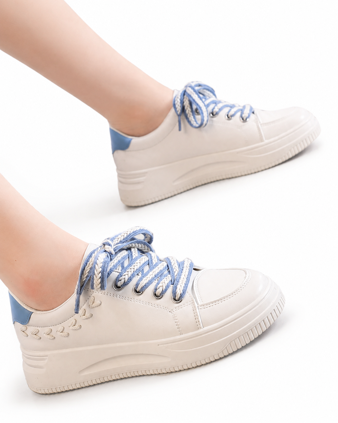 White & Blue Platform Sneakers for Women Casual Lace-Up Fashion Shoes