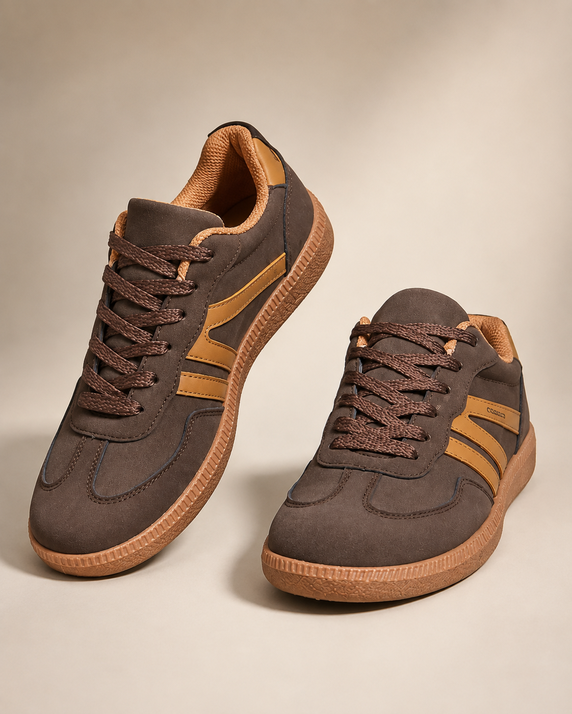 Women’s Beige Low Top Lace Up Casual Sneakers with White Stripe Detail and Gum Sole