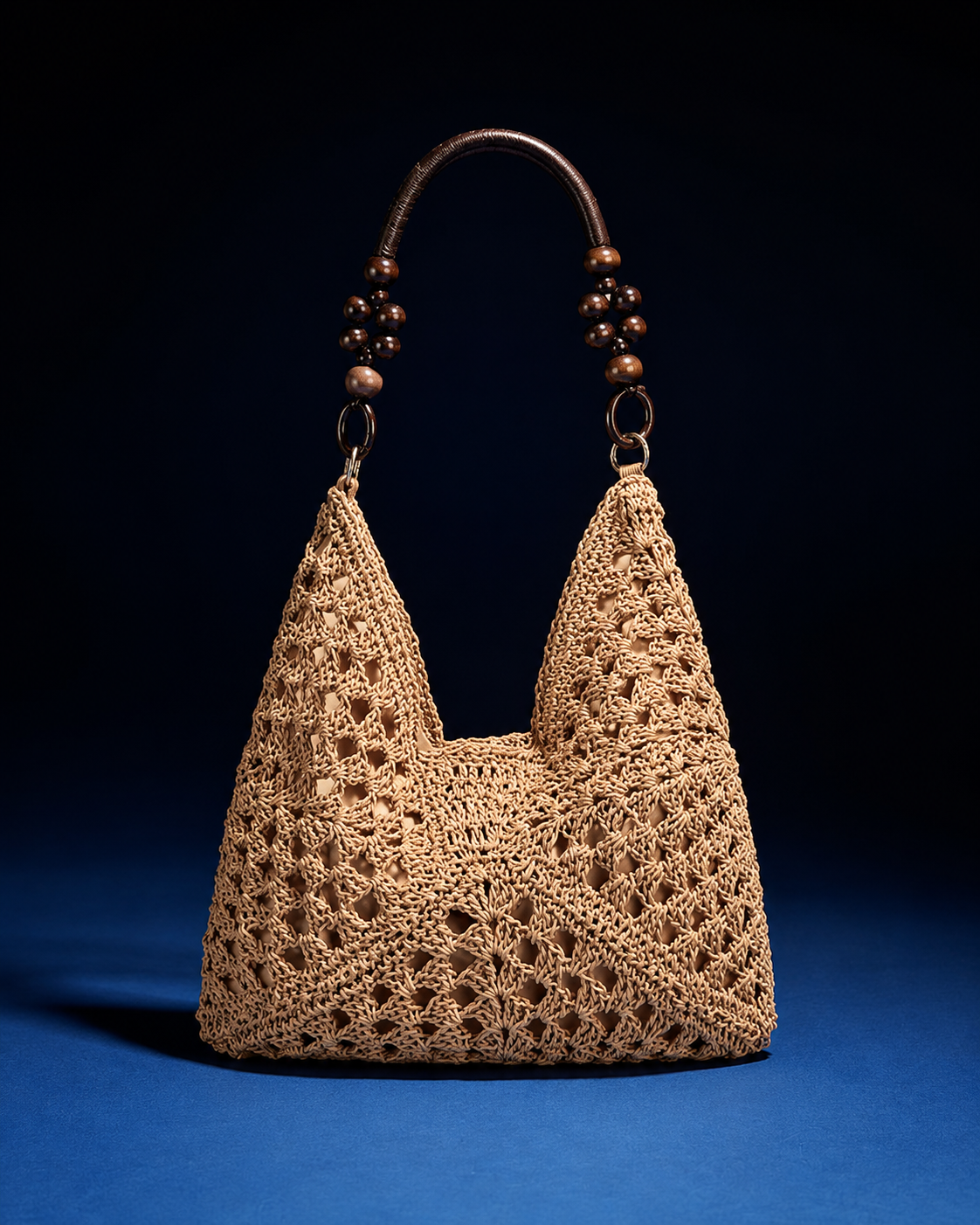 Women Beige Crochet Shoulder Bag with Wooden Bead Handle and Boho Woven Design