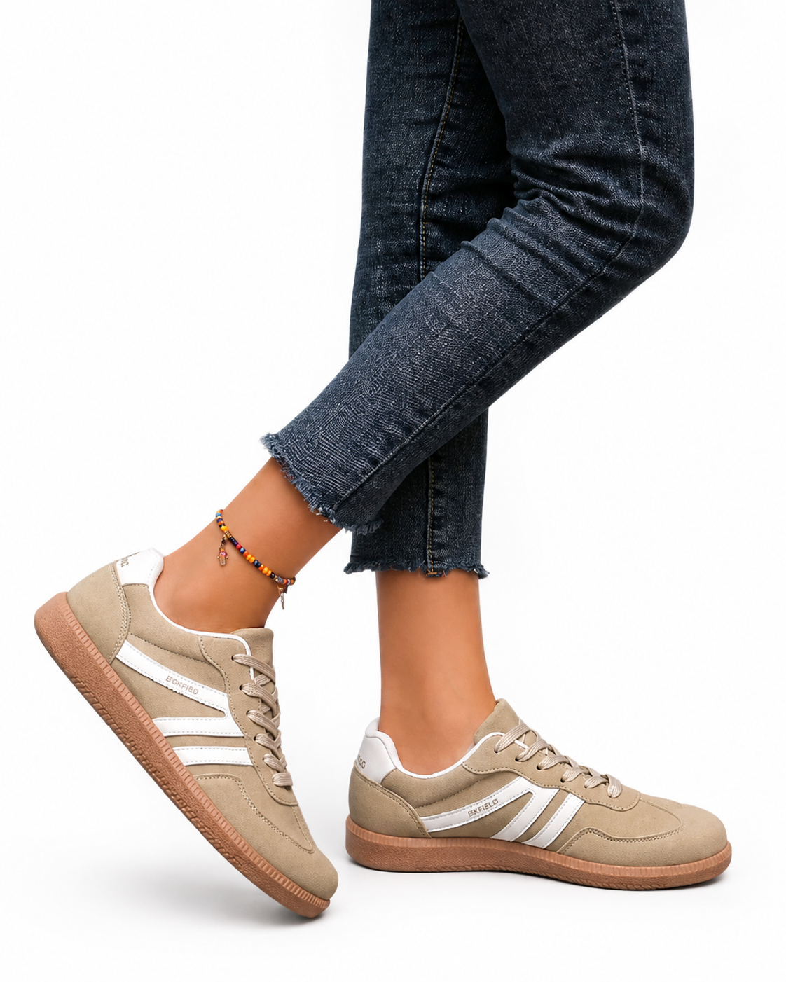 Women’s Beige Low Top Lace Up Casual Sneakers with White Stripe Detail and Gum Sole