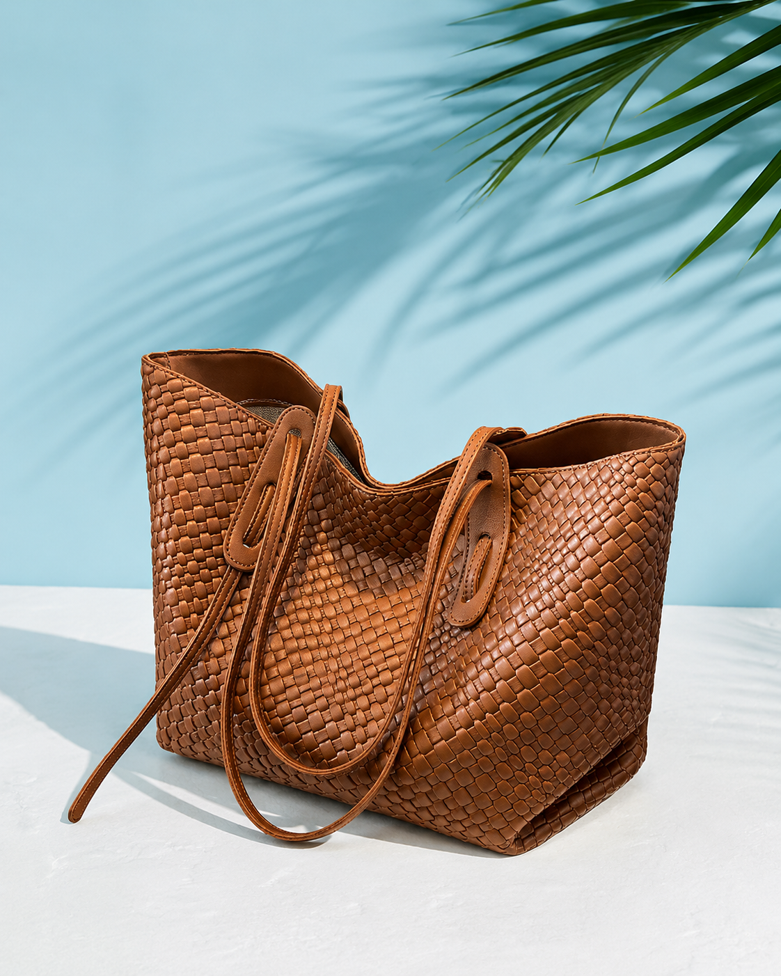 Large Woven Tote Bag for Women Faux Leather Shoulder Handbag Brown Black Khaki