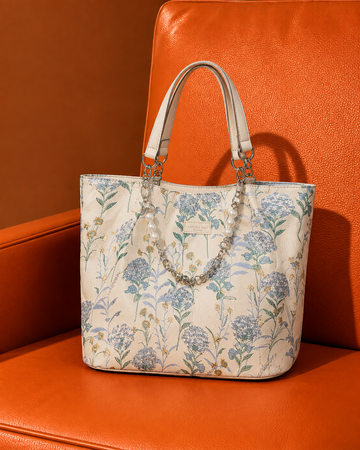 Elegant Floral Print Tote Bag for Women with Pearl Chain Large Capacity Shoulder Handbag