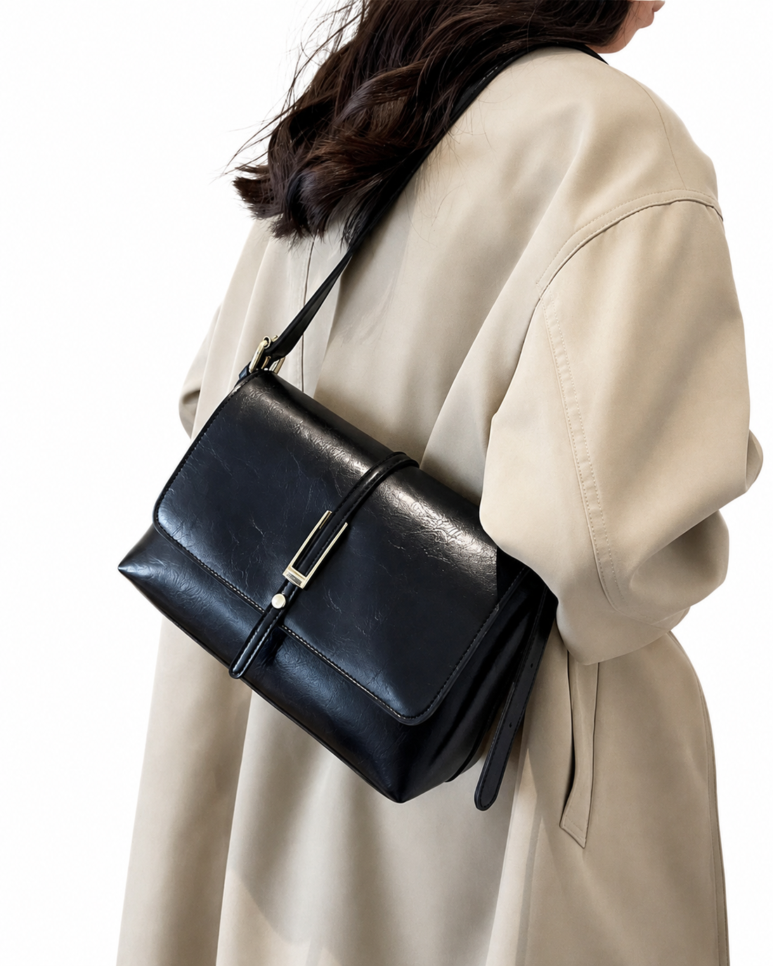 Womens Classic Square Flap Handbag Pebbled Leather Look Adjustable Shoulder Strap