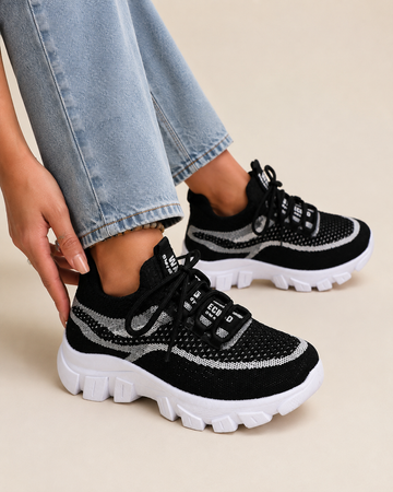 Women's Breathable Knit Running Sneakers Black & White Lightweight Athletic Shoes