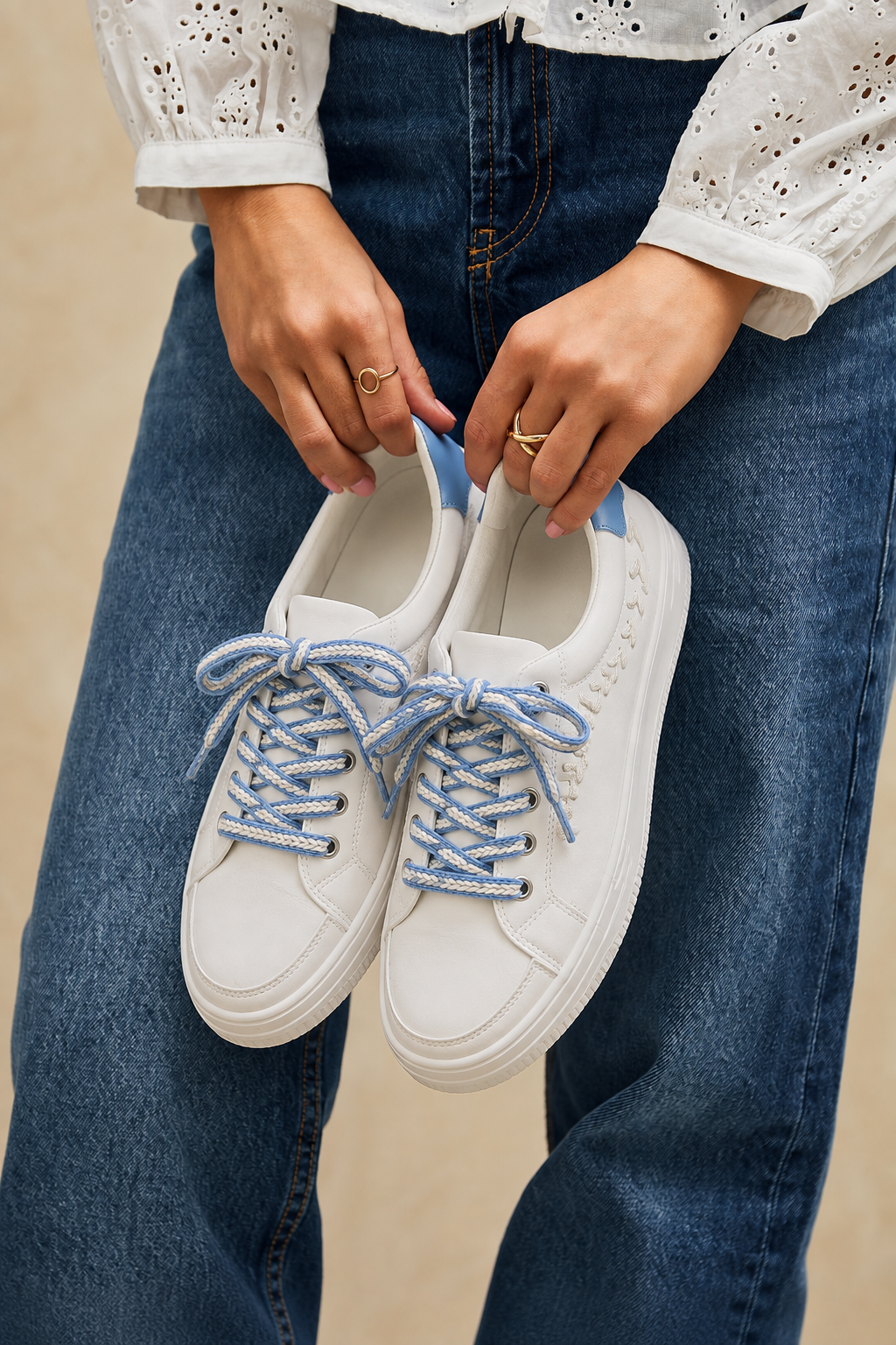 White & Blue Platform Sneakers for Women Casual Lace-Up Fashion Shoes