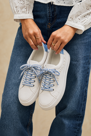White & Blue Platform Sneakers for Women Casual Lace-Up Fashion Shoes