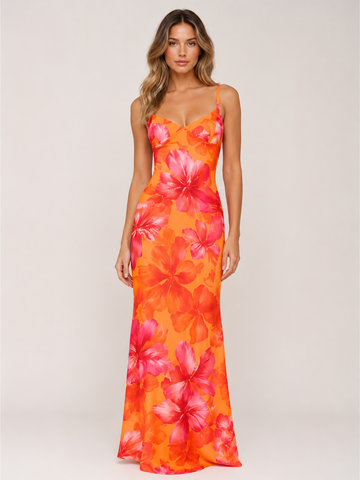 Spaghetti Strap Lace Up Bodycon Maxi Dress Women's Vacation Print Holidays Dress