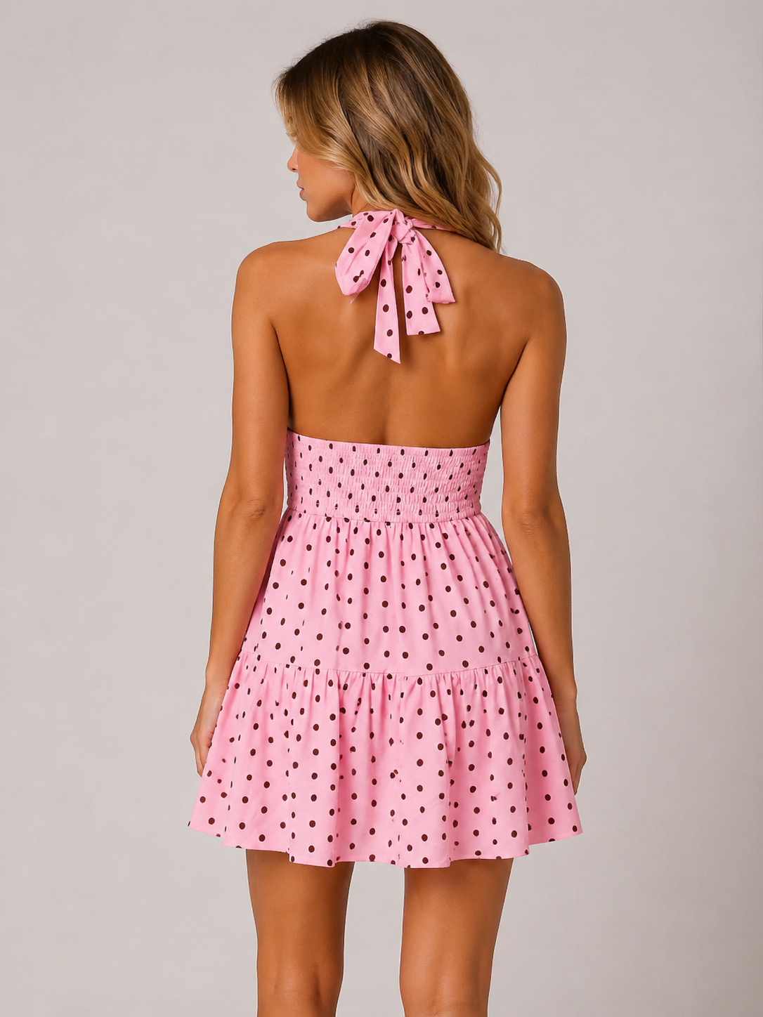 Polka Dot V Neck Tie Front Mini Dress Women's Vintage French Backless Summer Dress