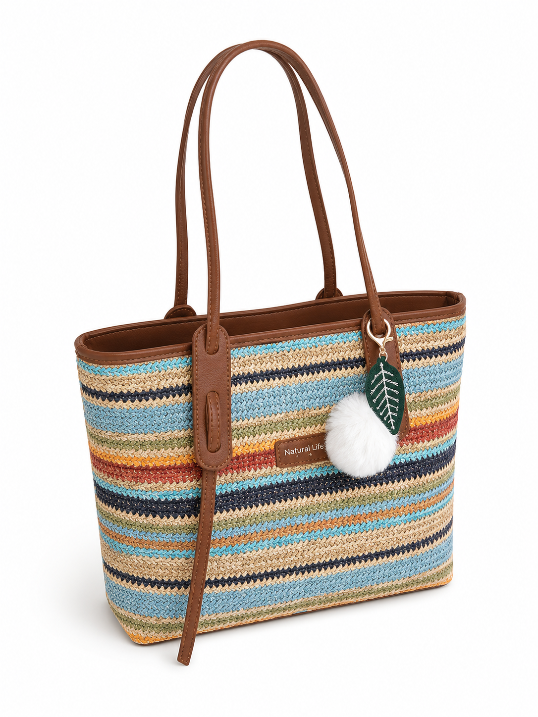 Multicolor Woven Straw Tote Bag With Leather Handles Large Shoulder Handbag for Women