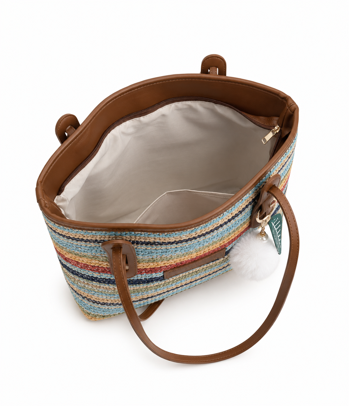 Multicolor Woven Straw Tote Bag With Leather Handles Large Shoulder Handbag for Women