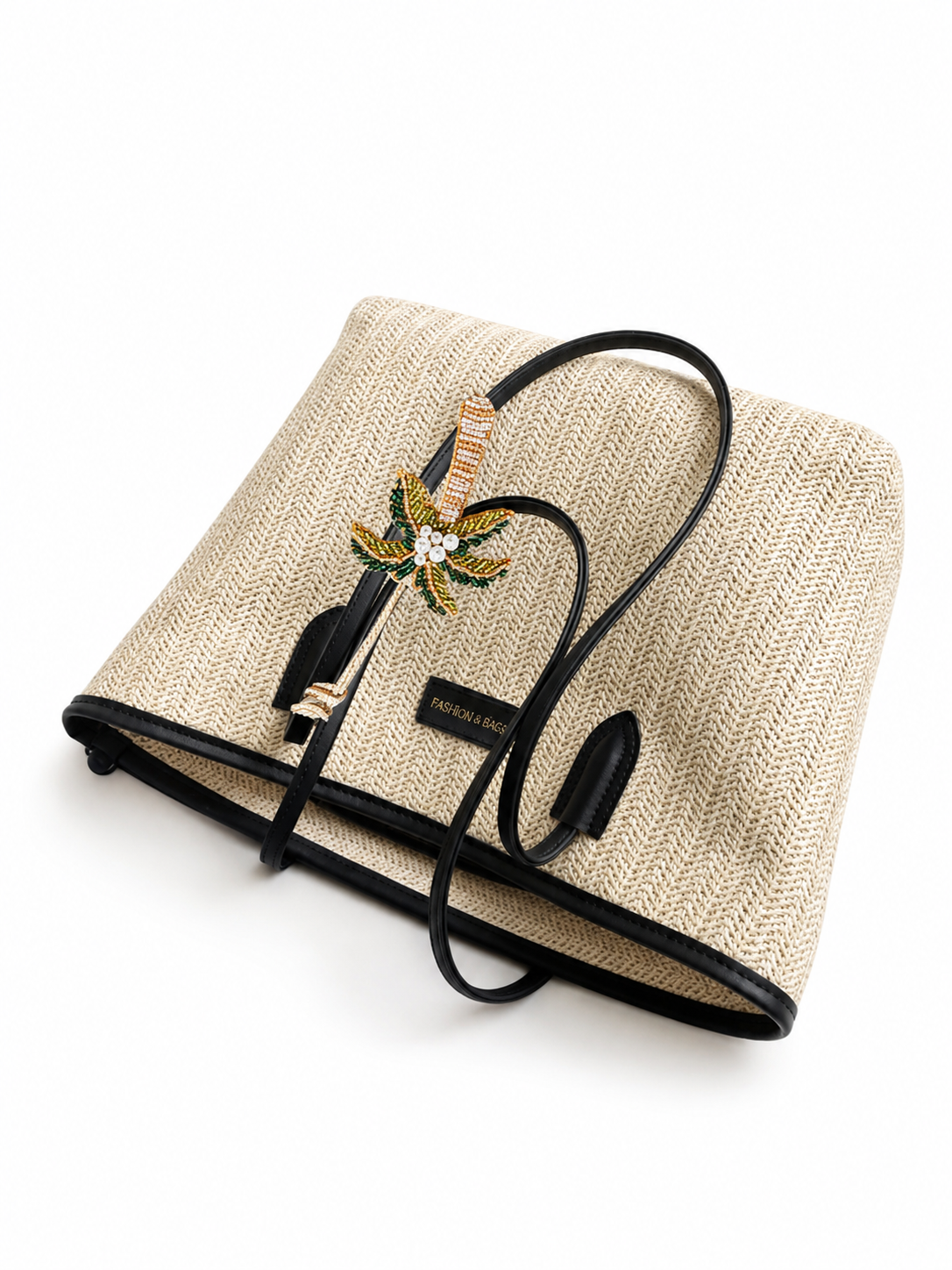 Multicolor Woven Straw Tote Bag With Leather Handles Large Shoulder Handbag for Women