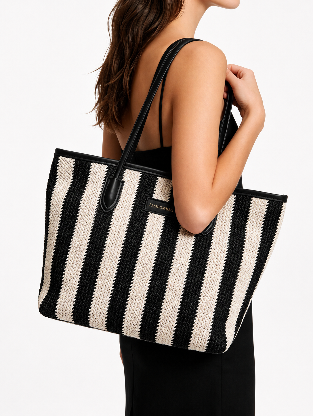 Multicolor Woven Straw Tote Bag With Leather Handles Large Shoulder Handbag for Women