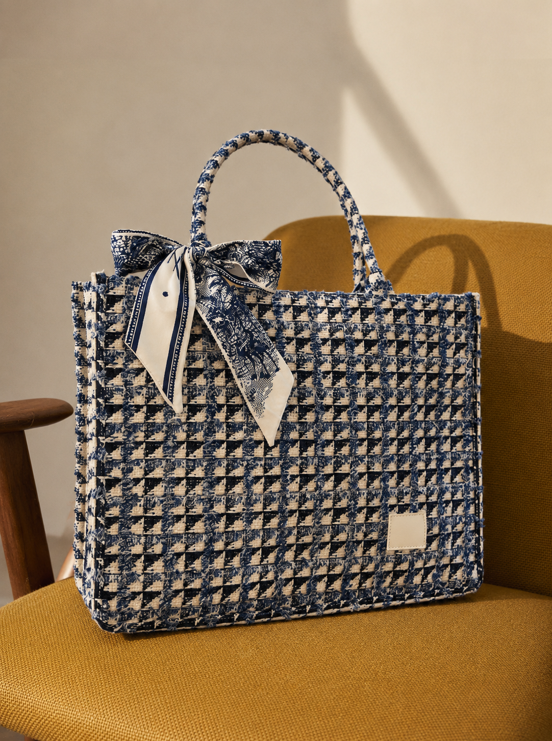 Blue and White Tweed Tote Bag with Scarf Large Shoulder Handbag for Women Office Work Everyday Carry