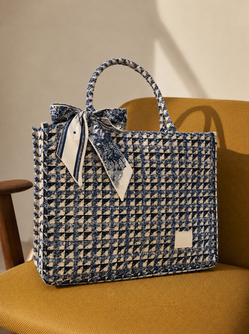 Blue and White Tweed Tote Bag with Scarf Large Shoulder Handbag for Women Office Work Everyday Carry