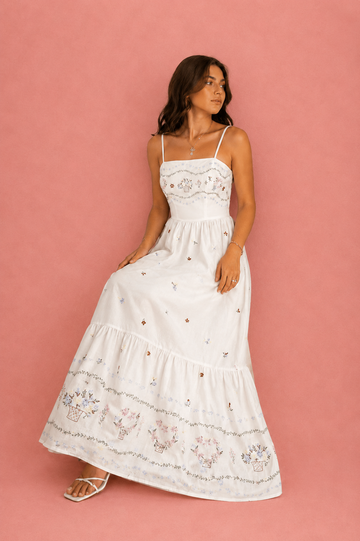 Women's Cottagecore White Embroidered Maxi Dress – Summer Strappy Tiered Floral Sundress