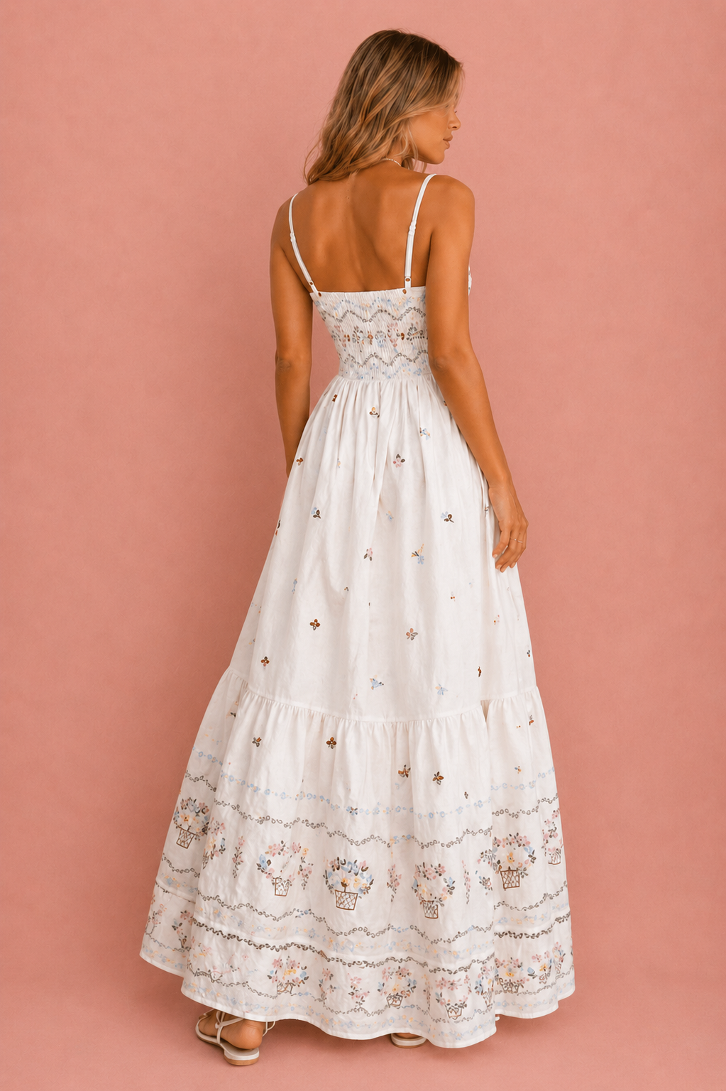 Women's Cottagecore White Embroidered Maxi Dress – Summer Strappy Tiered Floral Sundress