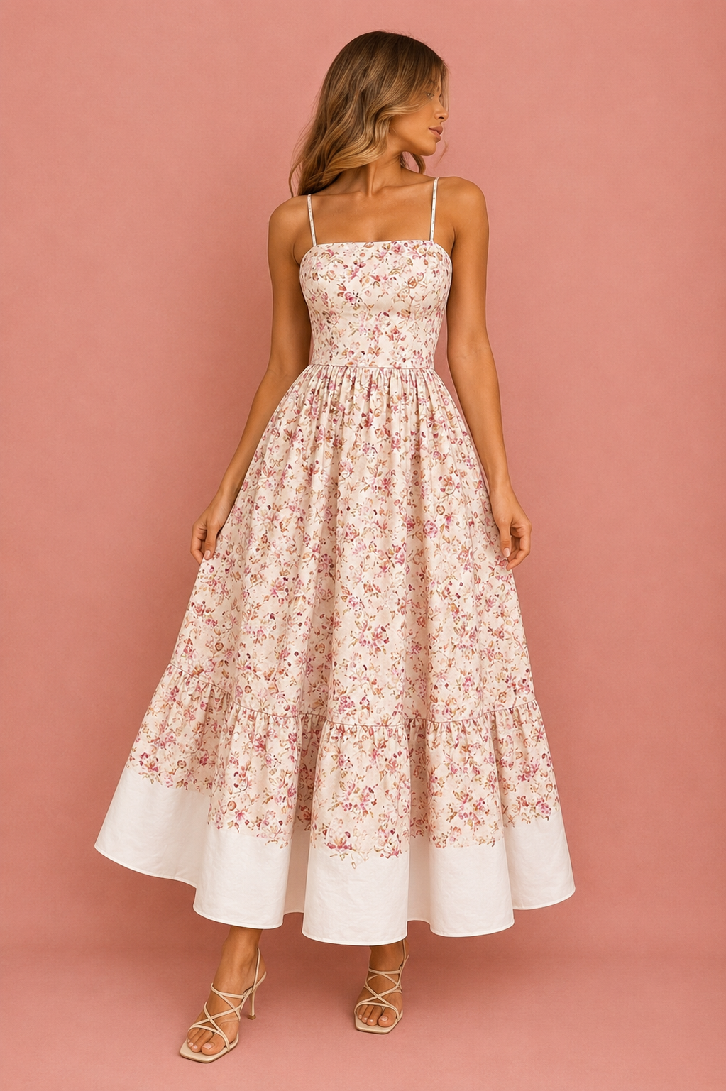 Women's Cottagecore White Embroidered Maxi Dress – Summer Strappy Tiered Floral Sundress