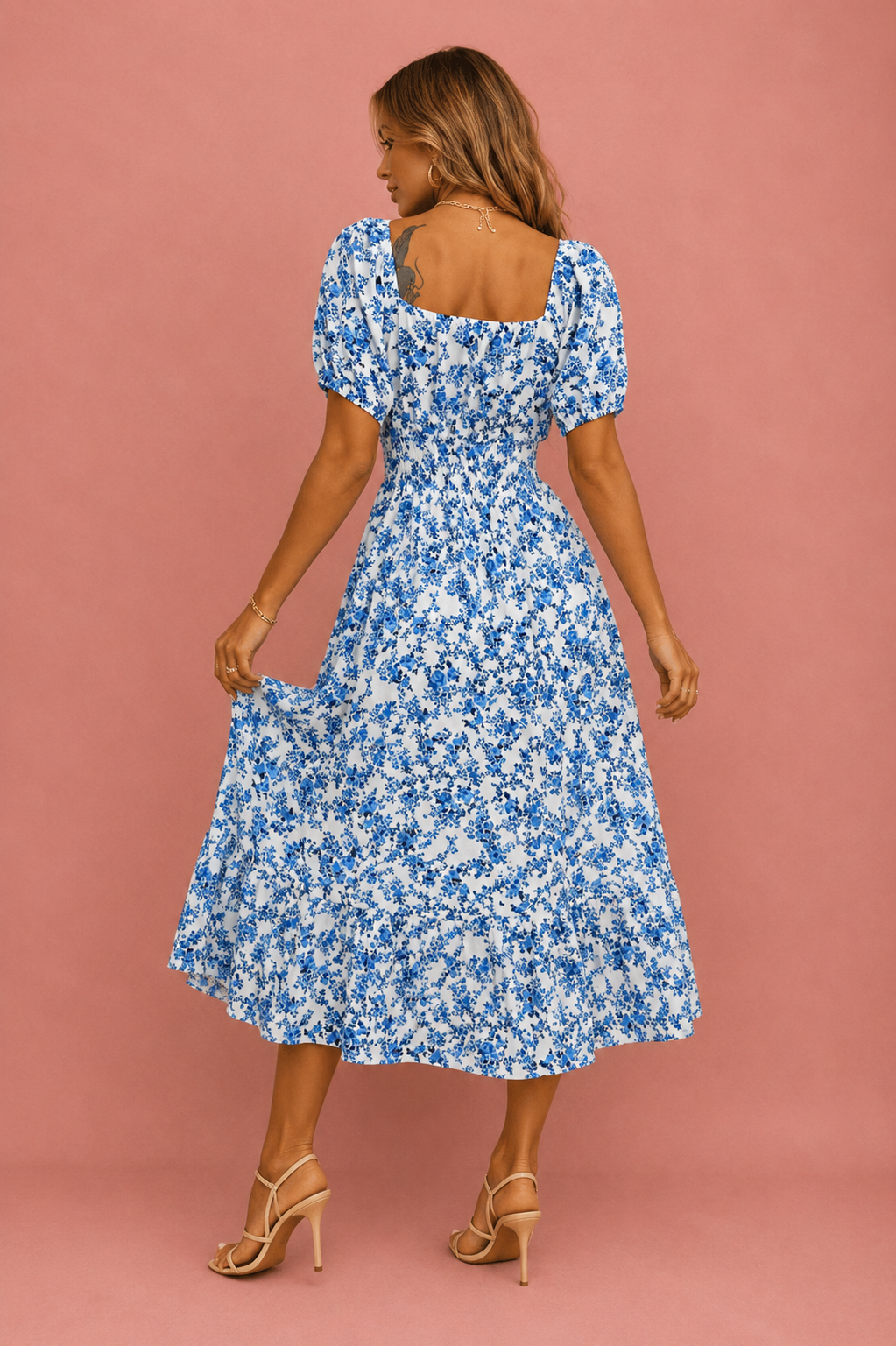 Women's Blue Floral Midi Dress – Summer Puff Sleeve Square Neck Smocked Waist Dress with Side Slit
