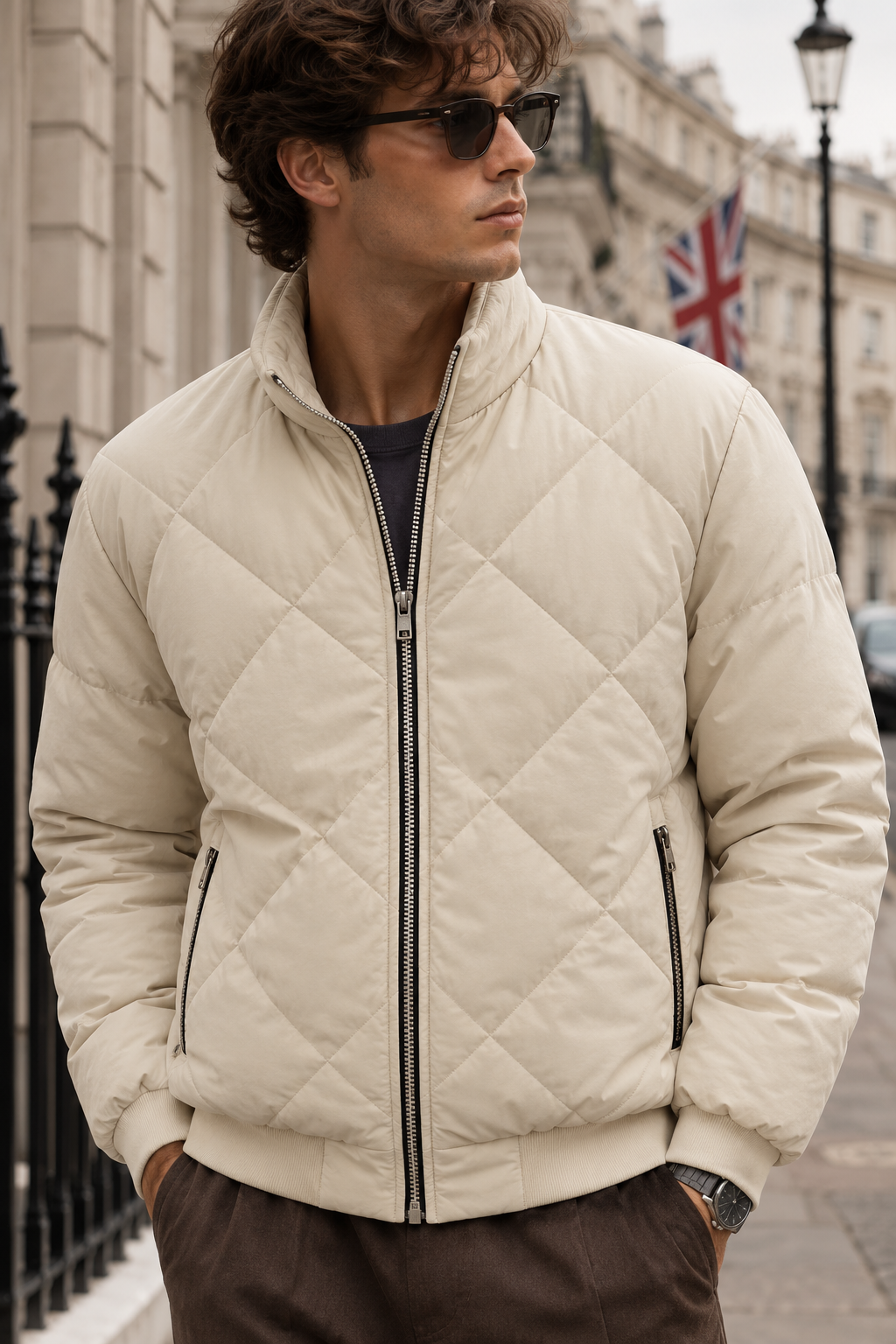 Men’s Beige Quilted Bomber Jacket Diamond Stitch Zip-Up Jacket