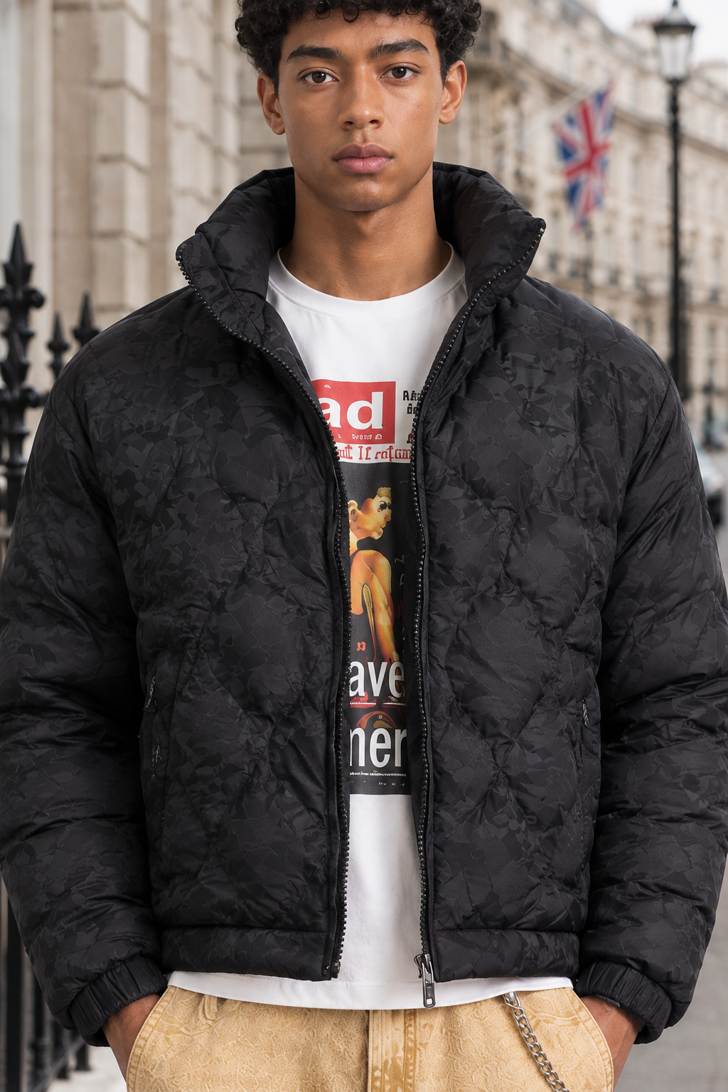 Men’s Black & Brown Quilted Puffer Jacket  Warm Zip-Up Winter Jacket