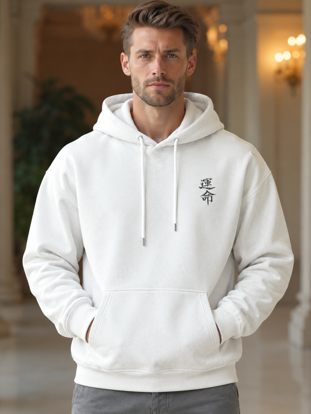 White Japanese Character Pullover Hoodie for Men