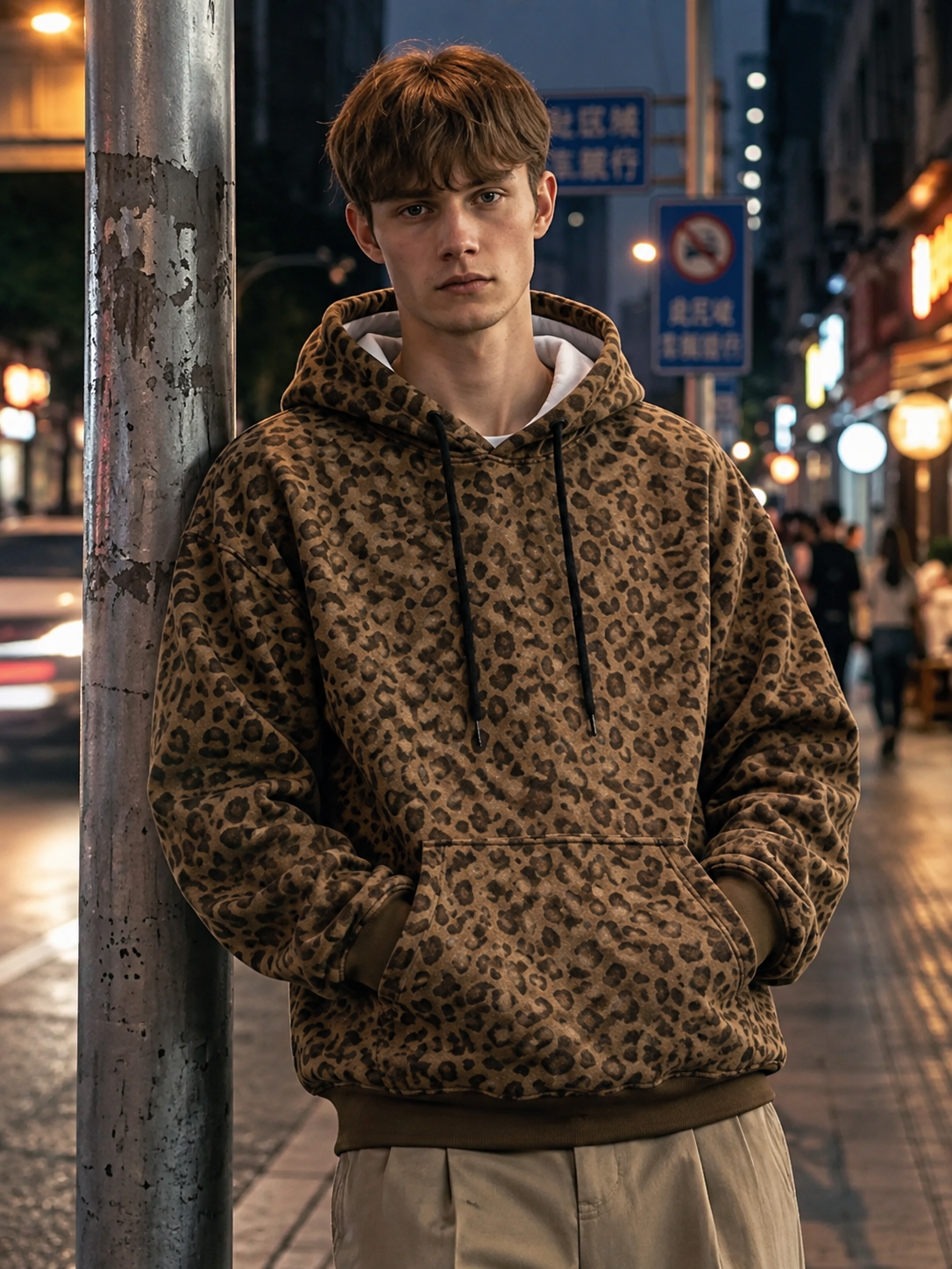 Leopard Print Pullover Warm Hoodie for Men