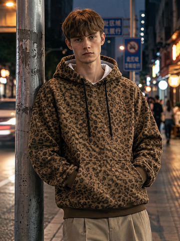 Leopard Print Pullover Warm Hoodie for Men