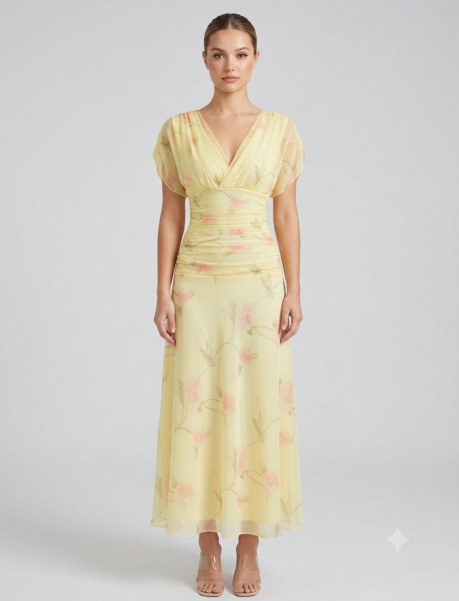 Women's Elegant Peony Floral Mesh Maxi Vacation Dress