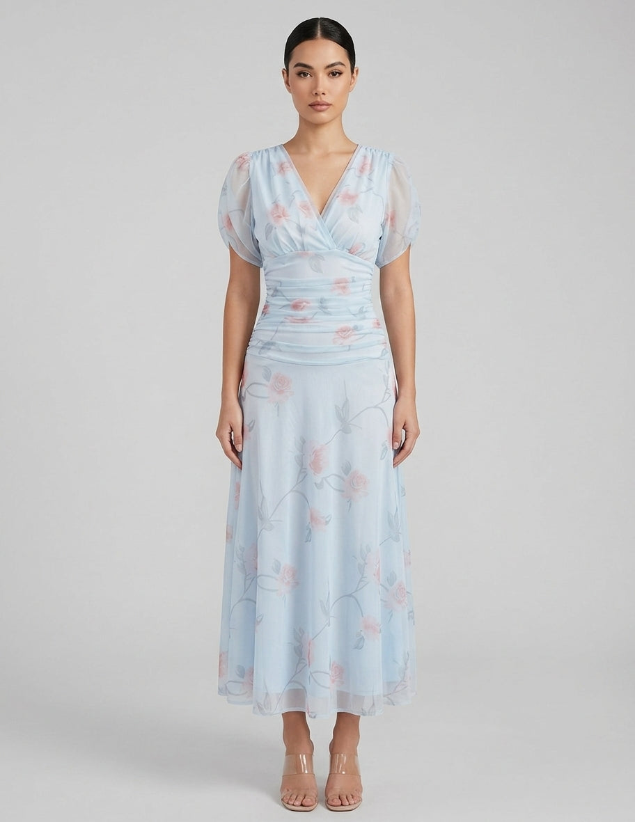 Women's Elegant Peony Floral Mesh Maxi Vacation Dress