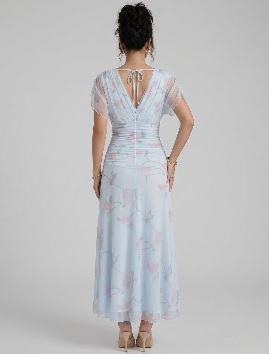 Women's Elegant Peony Floral Mesh Maxi Vacation Dress