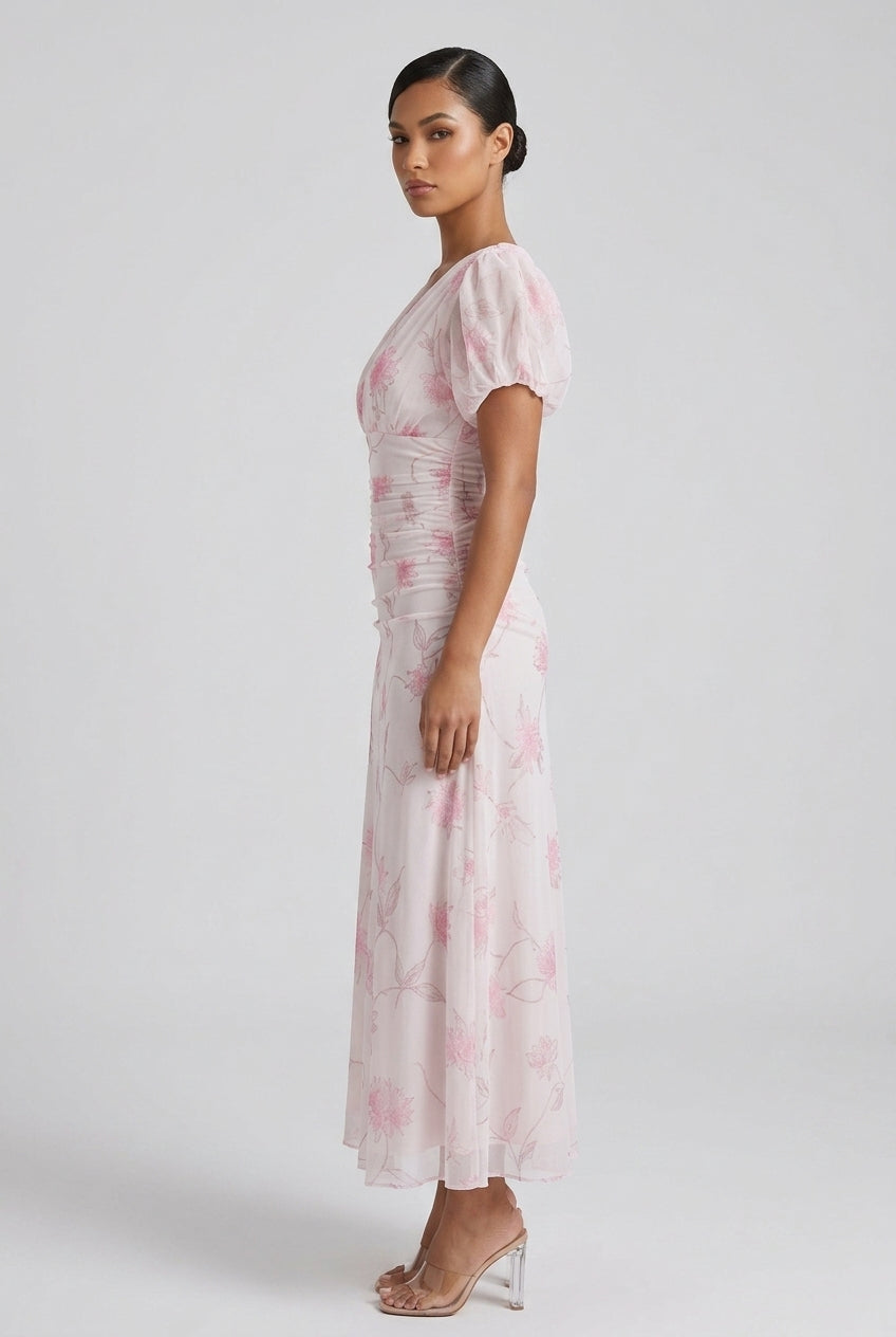 Women's Elegant Peony Floral Mesh Maxi Vacation Dress