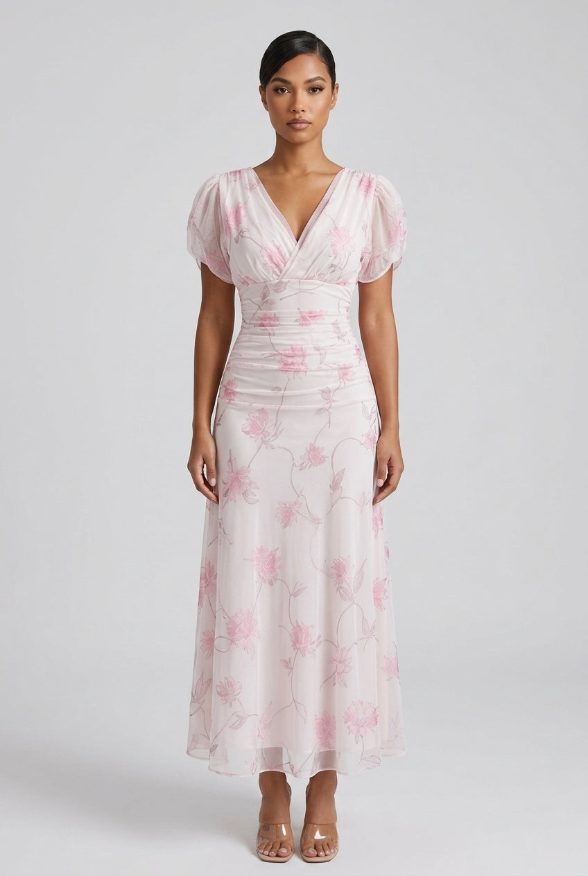 Women's Elegant Peony Floral Mesh Maxi Vacation Dress