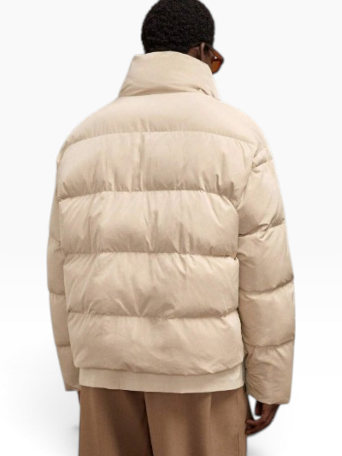 Men’s Cream Quilted High Neck Zip-Up Puffer Jacket