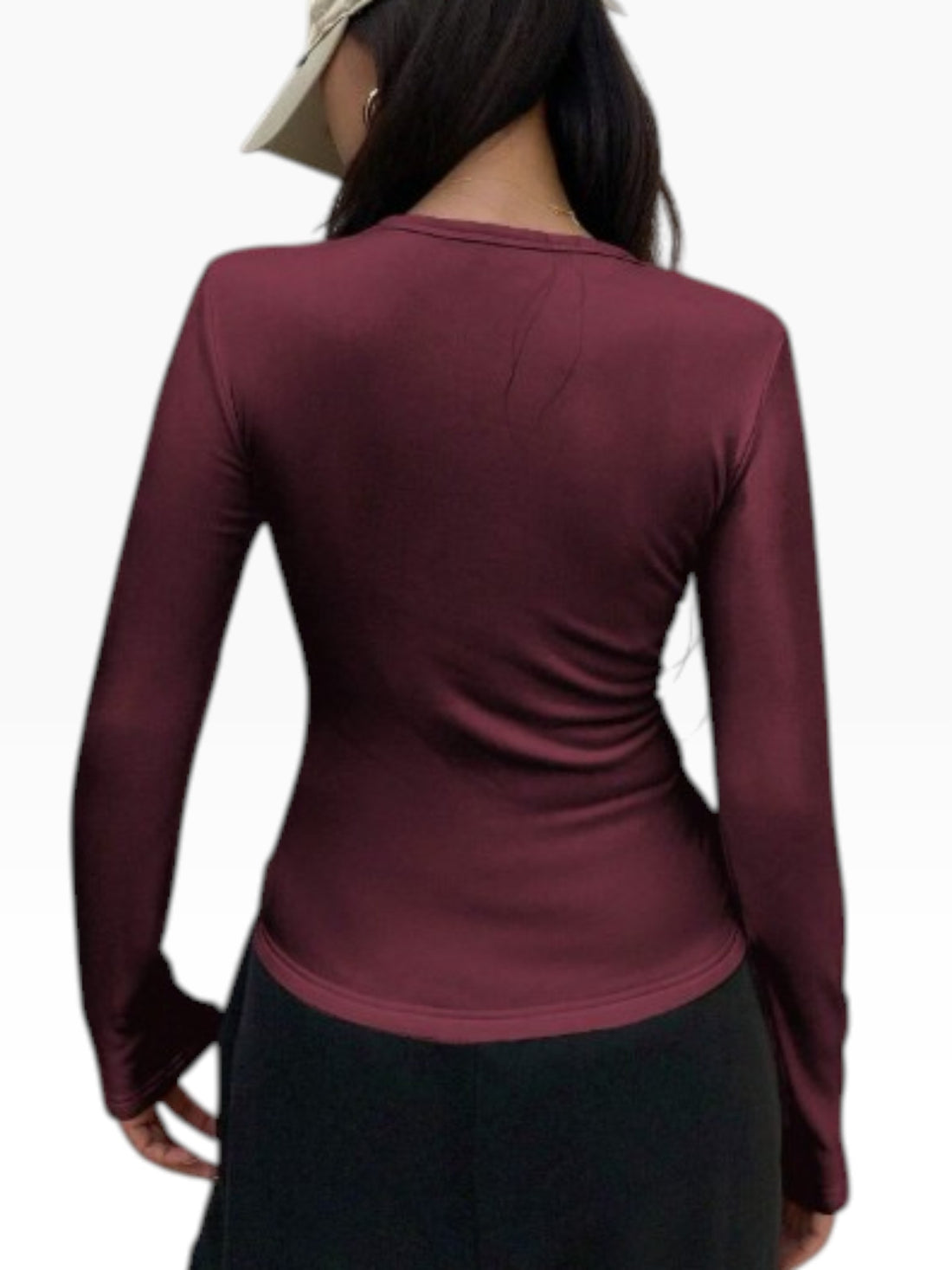 Women’s Maroon Long Sleeve Fitted Top – Crew Neck Casual Shirt