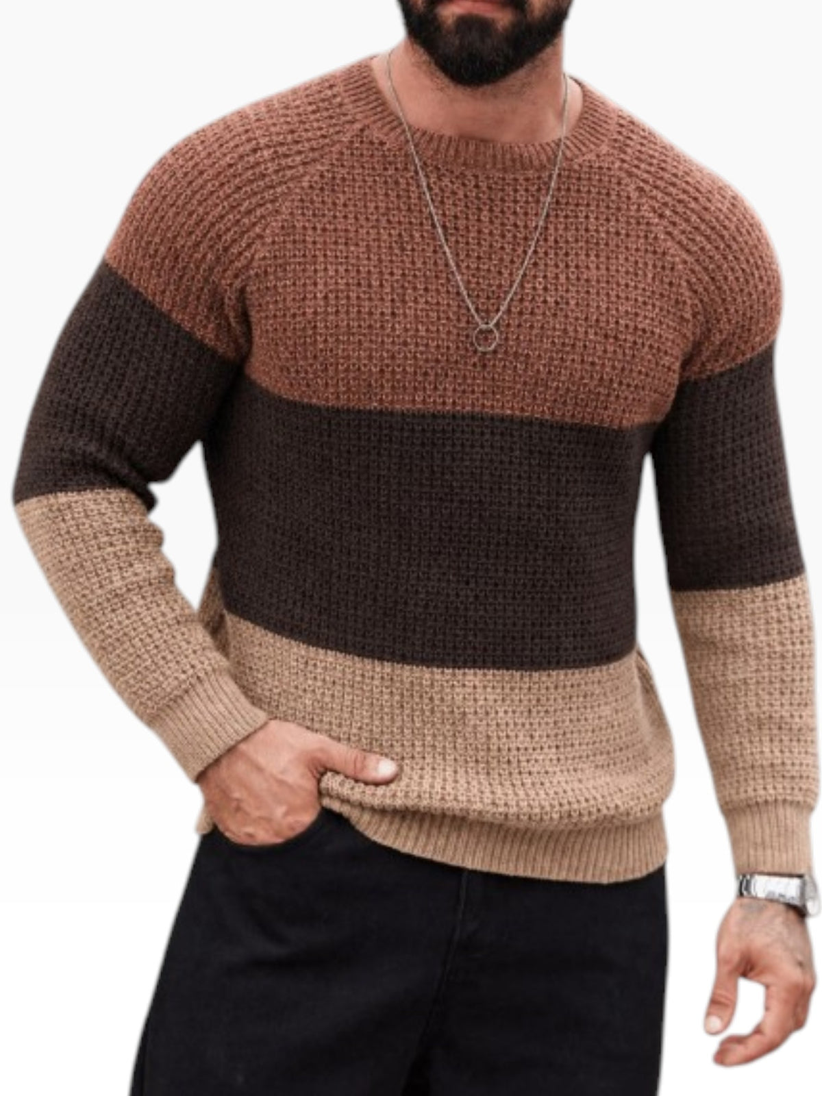 Men’s Textured Color-Block Warm Knit Sweater Beige & Brown