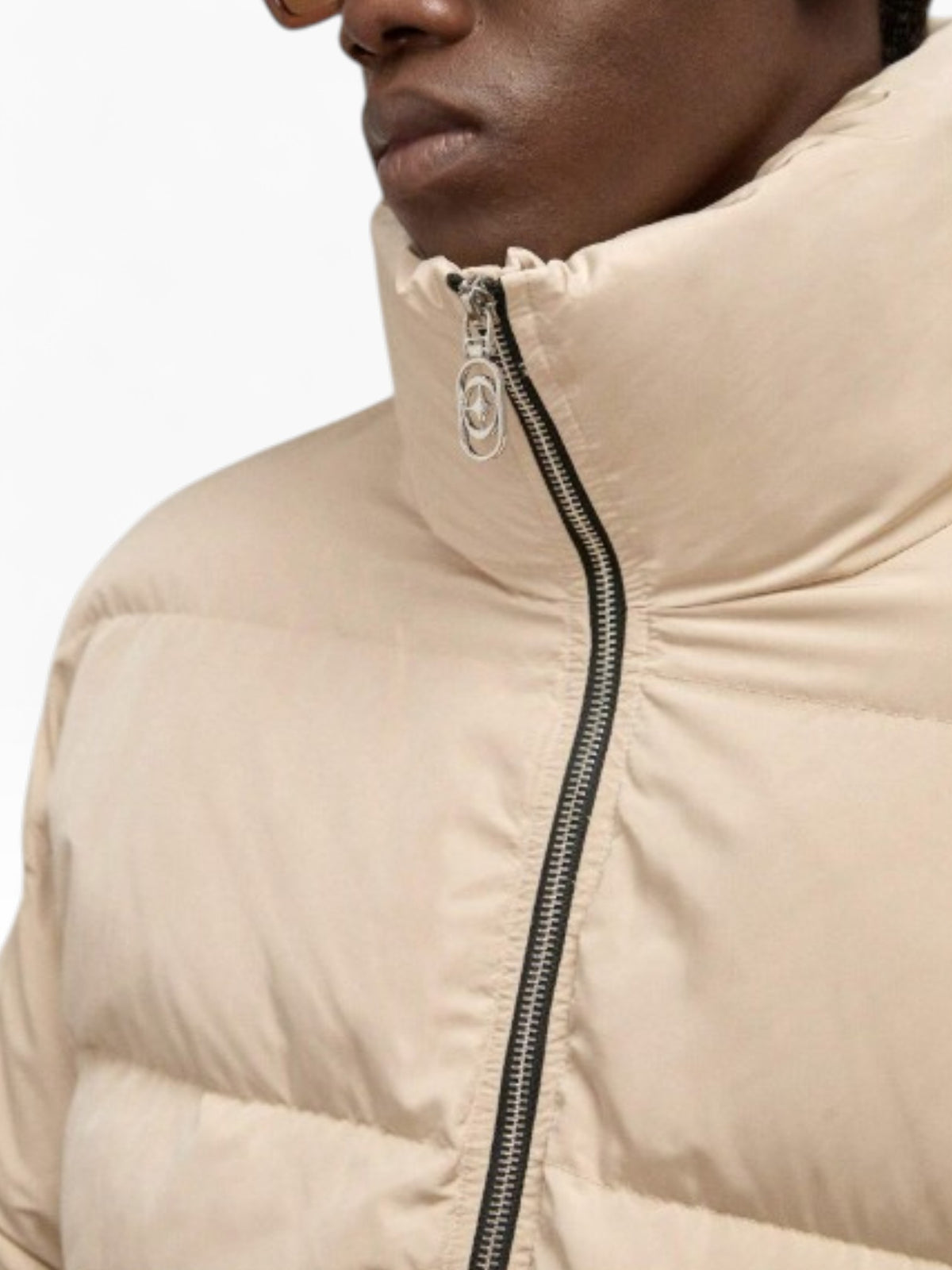 Men’s Cream Quilted High Neck Zip-Up Puffer Jacket