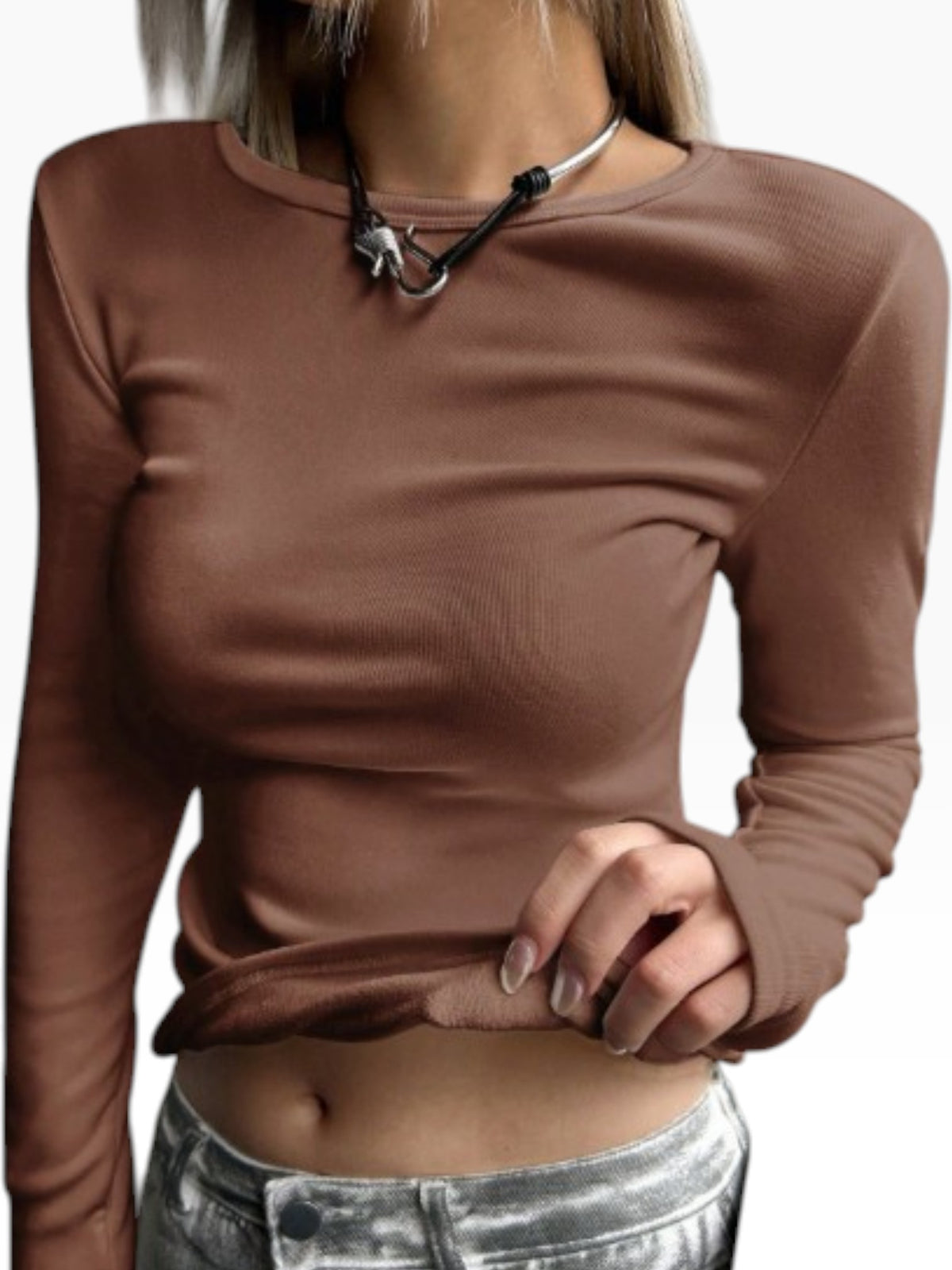 Women’s Maroon Long Sleeve Fitted Top – Crew Neck Casual Shirt