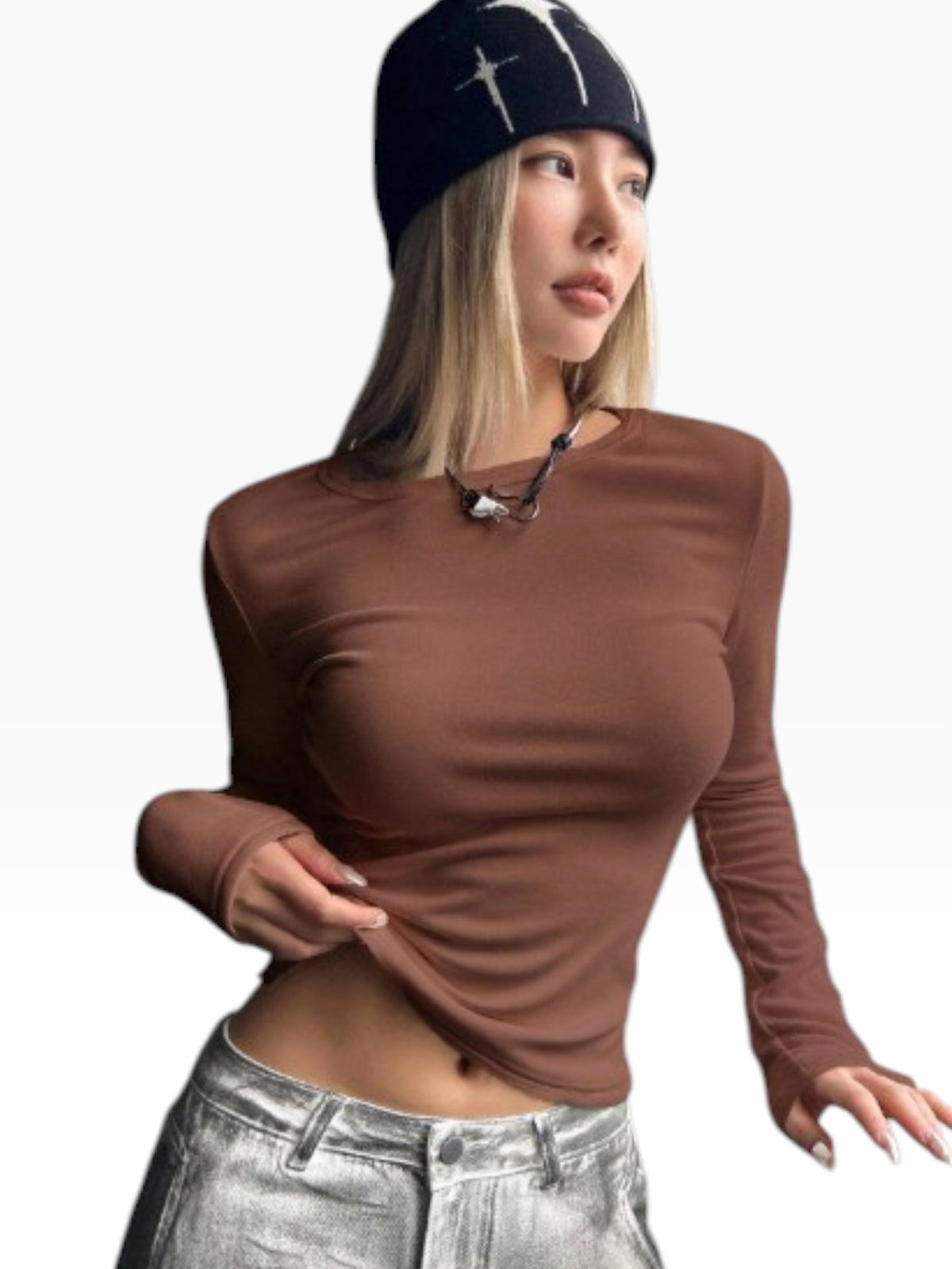 Women’s Maroon Long Sleeve Fitted Top – Crew Neck Casual Shirt