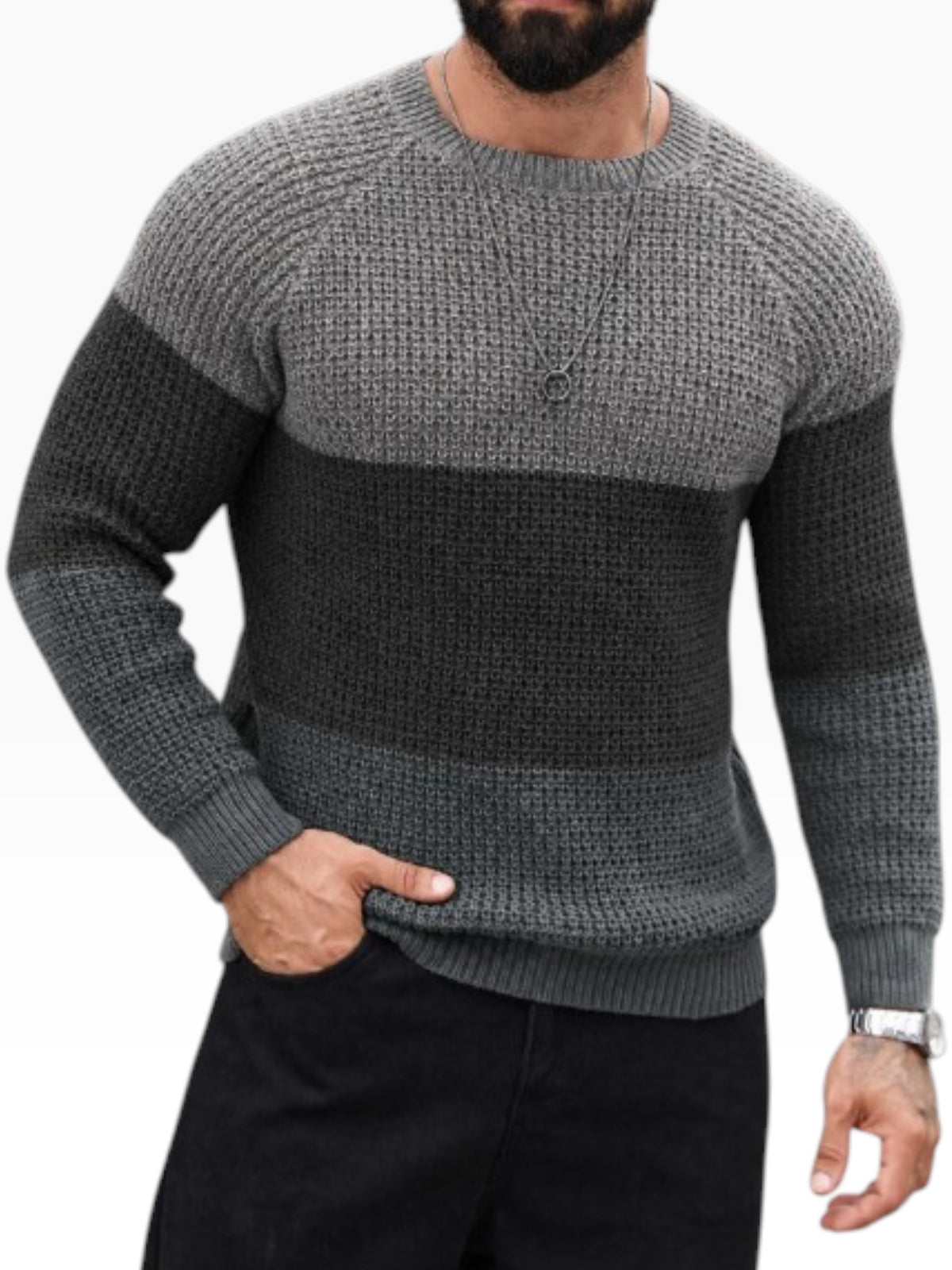 Men’s Textured Color-Block Warm Knit Sweater Beige & Brown