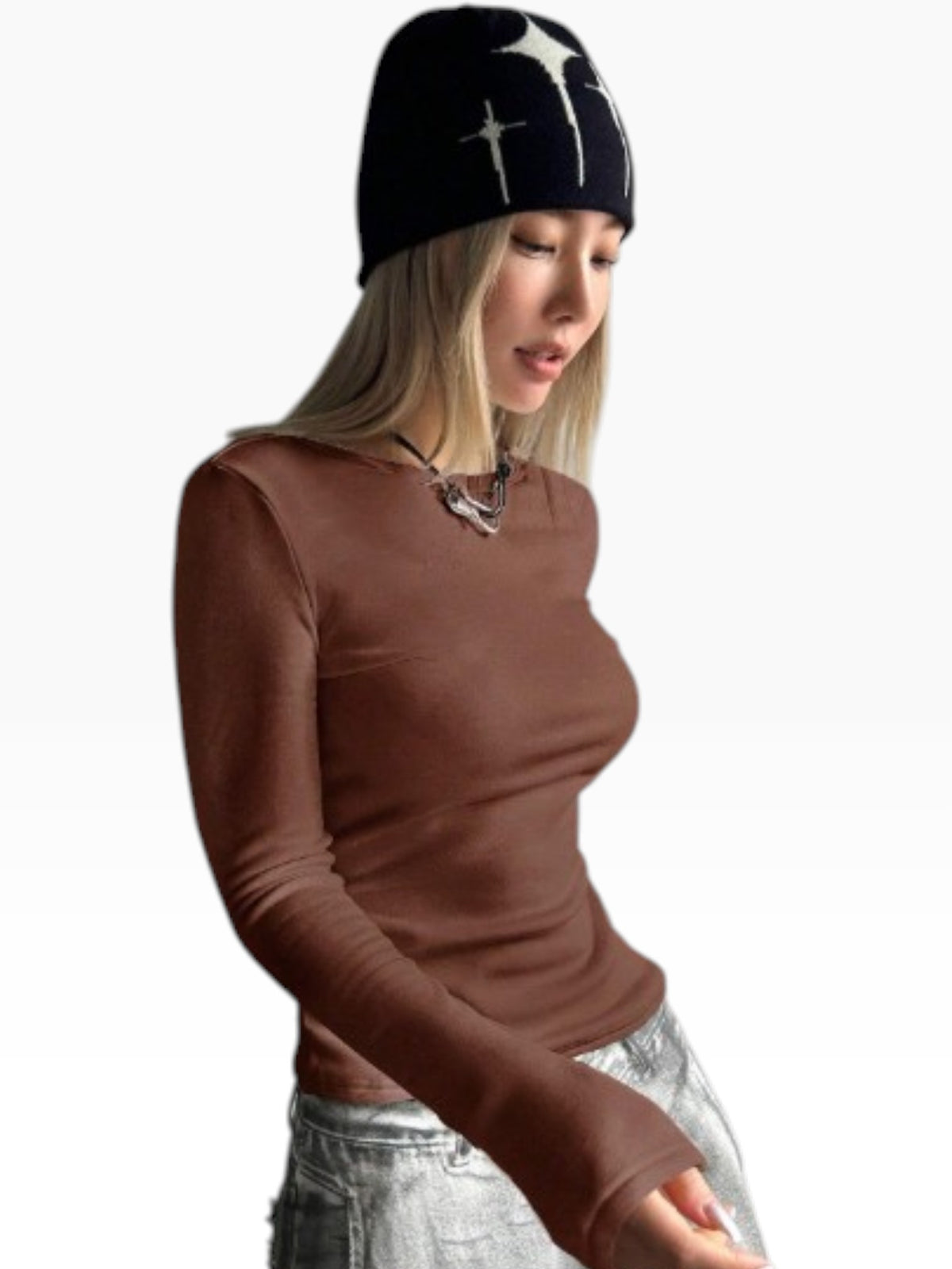 Women’s Maroon Long Sleeve Fitted Top – Crew Neck Casual Shirt