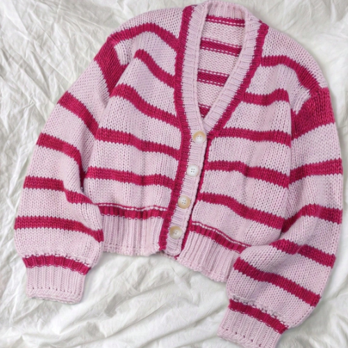 Women's Contrast Stripe V Neck Button Up Knit Cardigan Long Sleeve Casual Sweater for Spring, Autumn & Winter