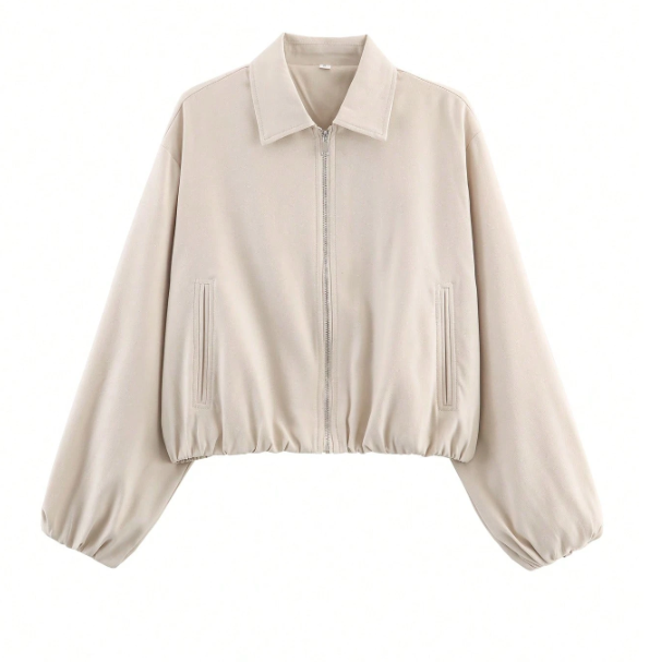 Women's Casual Zip Front Utility Jacket Long Sleeve Lapel Collar Lightweight Spring & Autumn Coat