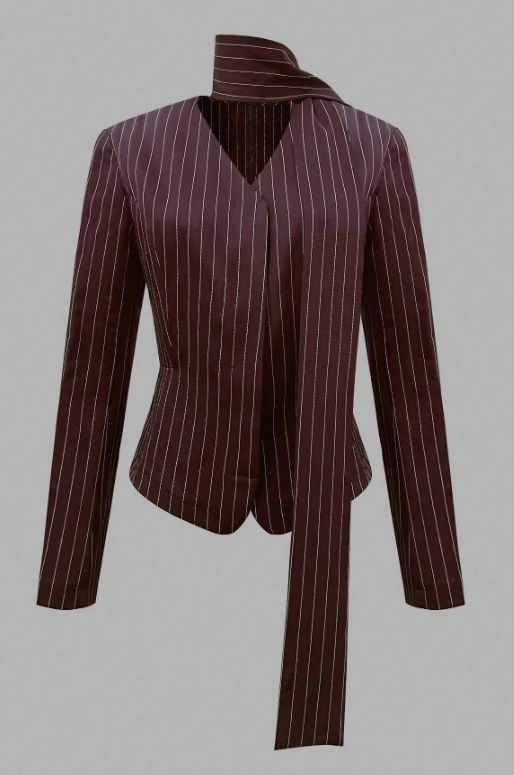 Women's Striped Tie Neck Blazer Elegant V-Neck Long Sleeve Office & Smart Casual Jacket