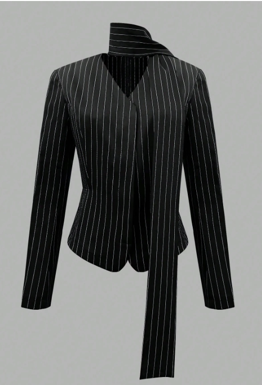Women's Striped Tie Neck Blazer Elegant V-Neck Long Sleeve Office & Smart Casual Jacket