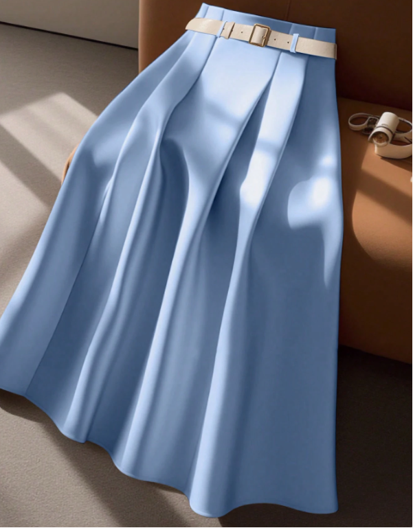 Women's Belted Pleated Midi Skirt Casual High Waist Flare A-Line Skirt for Office