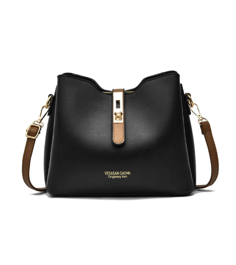 Elegant Black Bucket Shoulder Bag for Women Faux Leather Crossbody Handbag with Adjustable Strap
