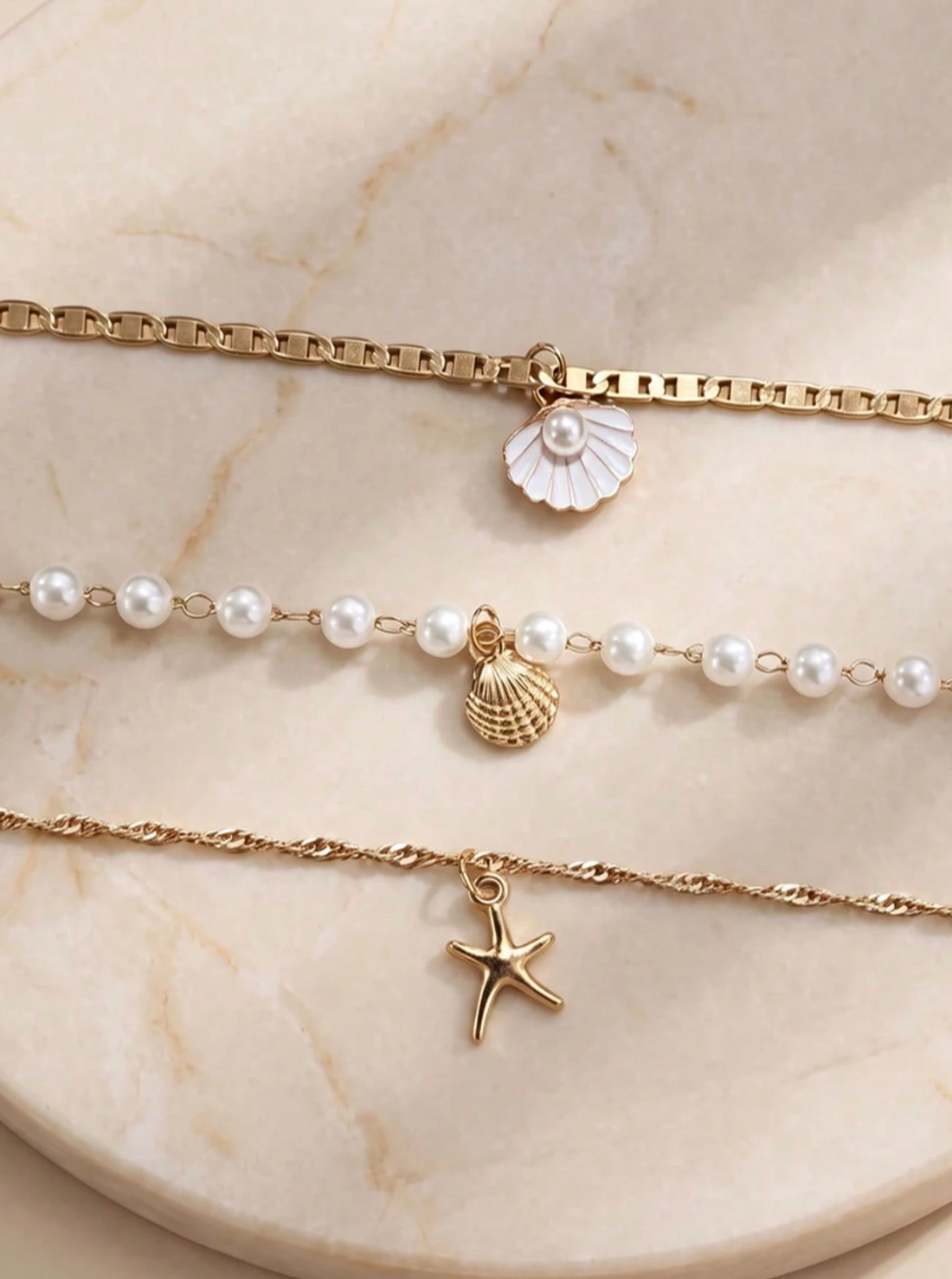 Bohemian Pearl Shell Necklace Set (3 Pcs) – Layered Coastal Necklaces for Women