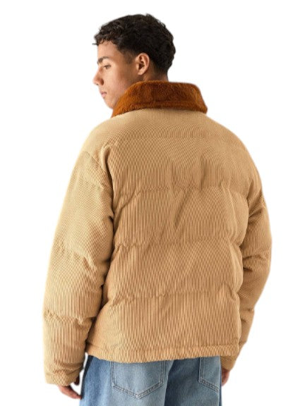 Men’s Beige Textured Puffer Jacket with Faux Fur Collar
