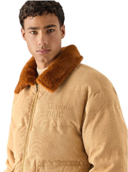 Men’s Beige Textured Puffer Jacket with Faux Fur Collar